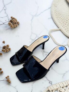 Nine West NWT WNDATIE Square Toe Black Patent Kitten Heel Mules Women's Size 7.5